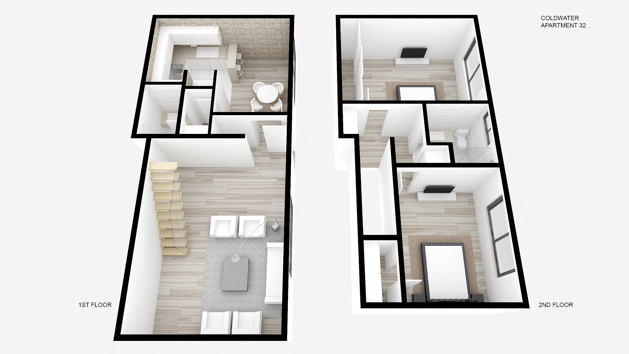 Floor plan for 2 beds, 1.5 baths, 1104 sqft
